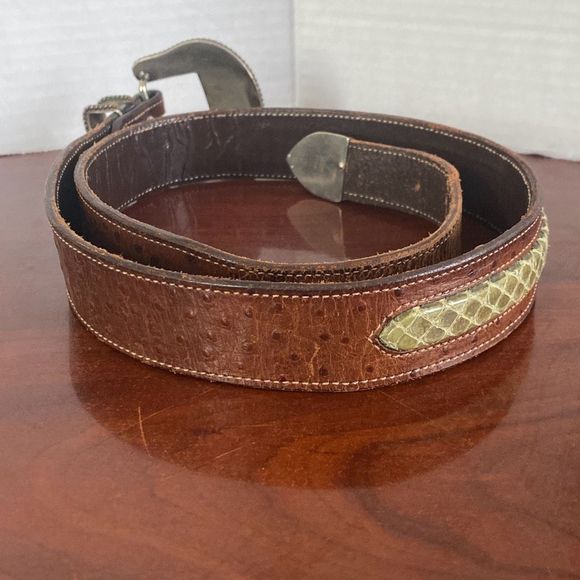 Wage Sterling Silver Overlay Buckle & Ostrich Snakeskin Belt Adult Made in USA main image 7